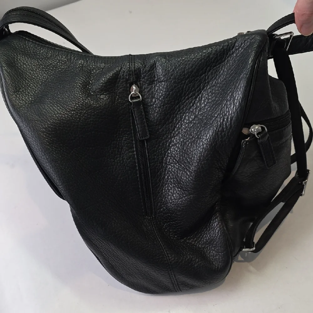 Black Leather Backpack Travel‎ Shoulder Bag Zip With Pockets Purse